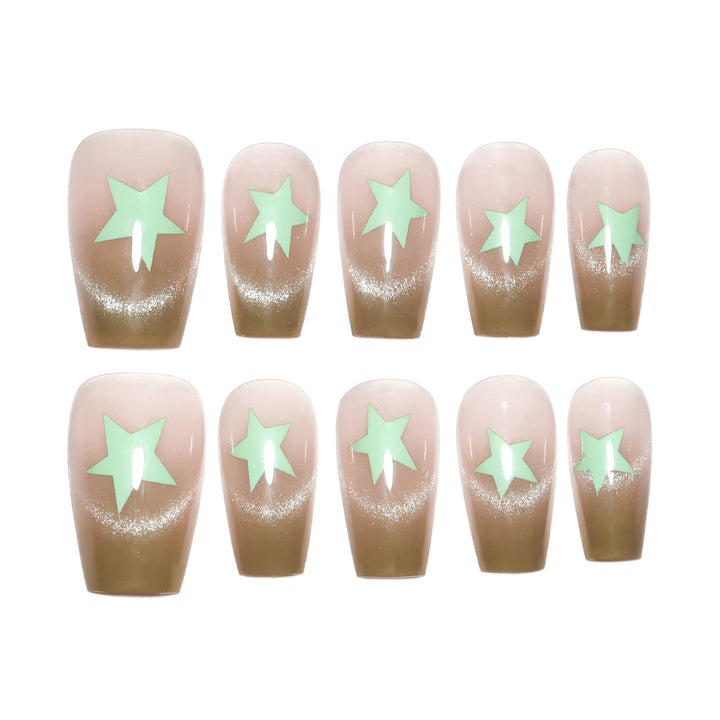 Artificial nail extensions with shimmer effect and star motifs Stornfield