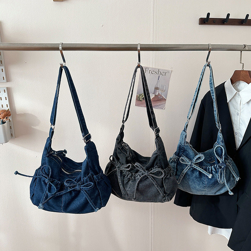 Denim Drawstring Hobo Bag