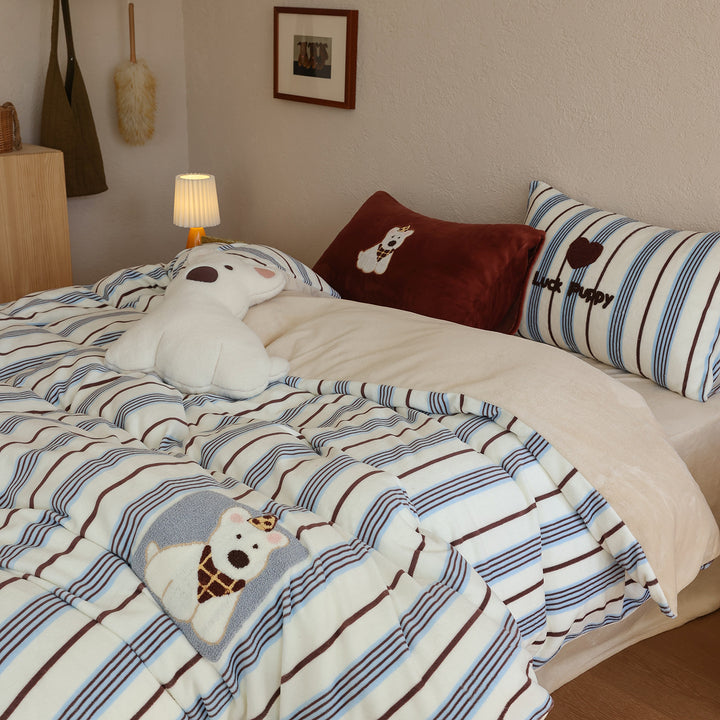 Striped Cotton Sateen Duvet Cover Set with Embroidered Puppy Applique & Pillow Shams
