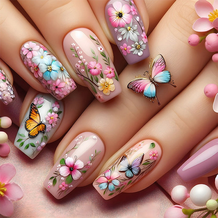 Artificial nail set with floral motifs and butterfly design Stornfield