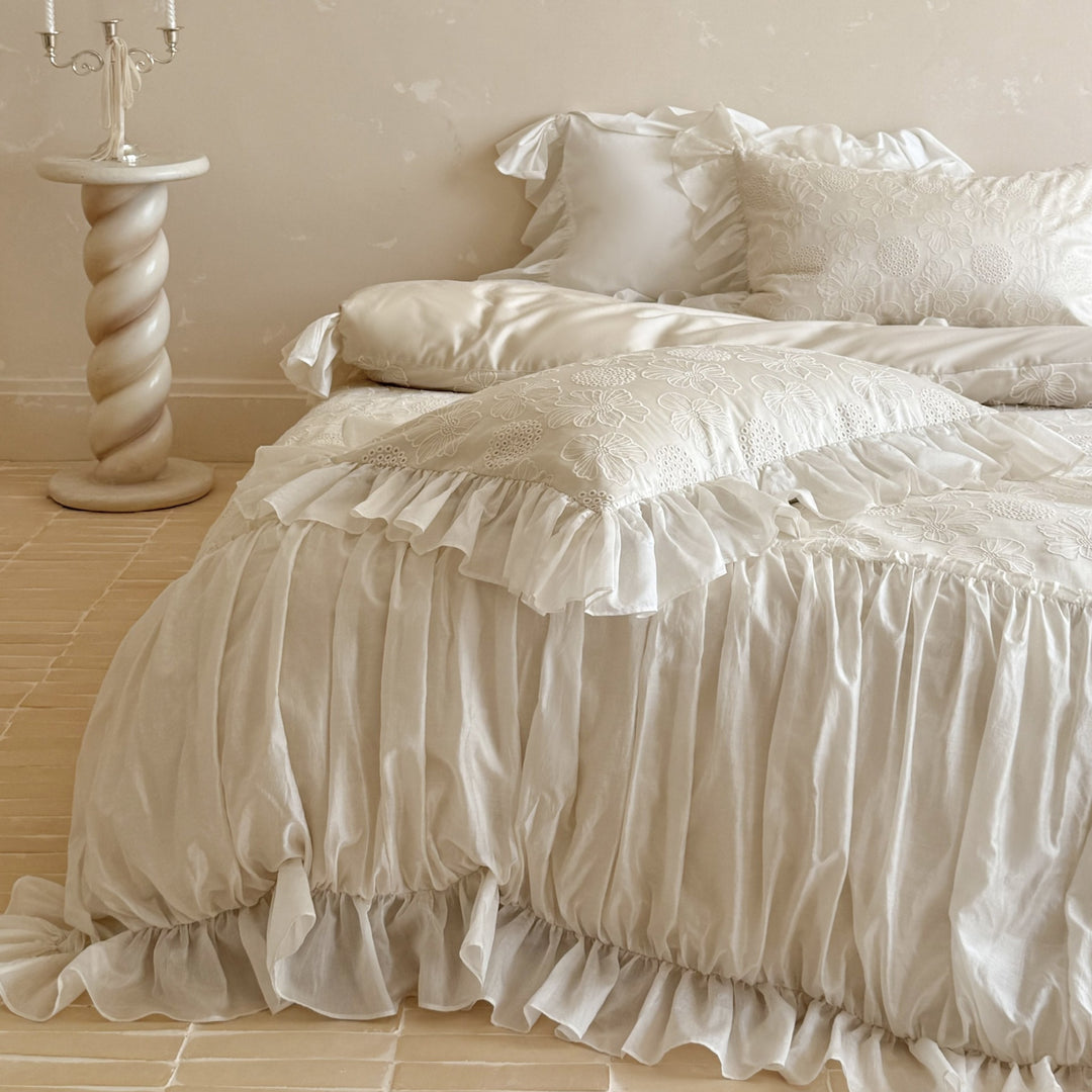 Vintage-inspired Ruffled Bedding Set with Fine Embroidery and Ruffle