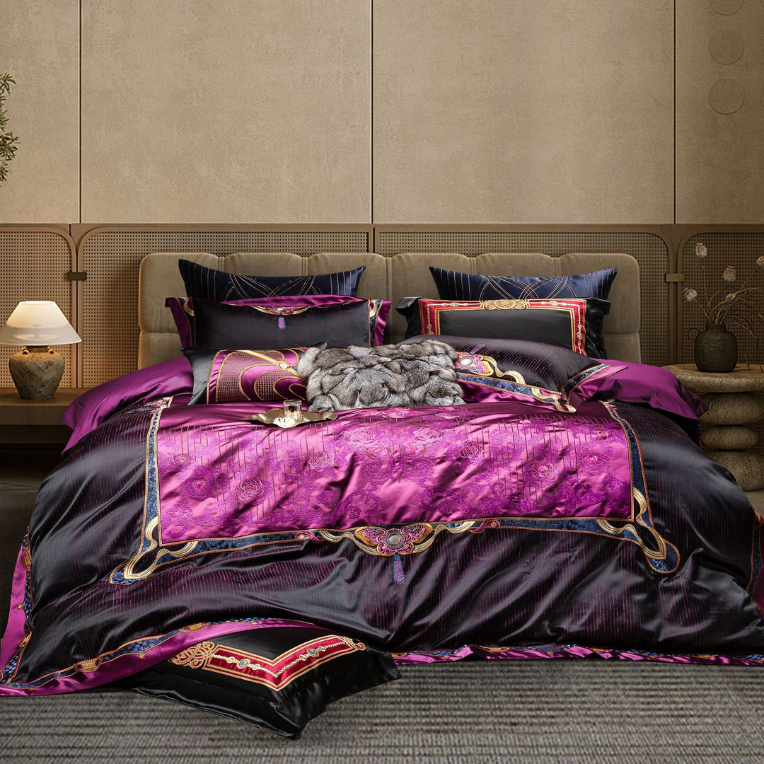 Opulent Satin Jacquard Duvet Cover Set with Embroidered Medallion Accents and Faux-Fur Throw