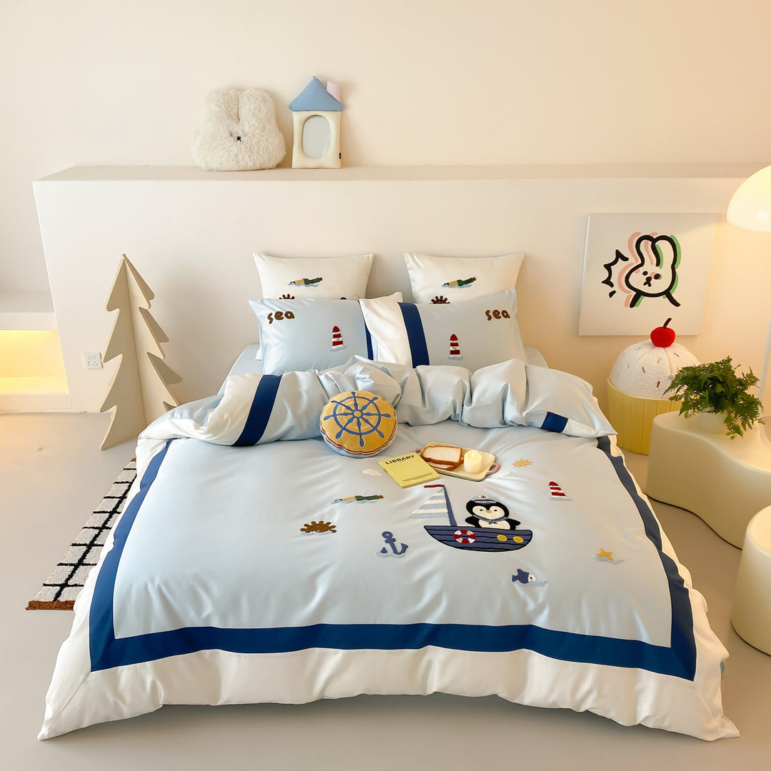 Children's Nautical Embroidered Cotton Duvet Cover Set