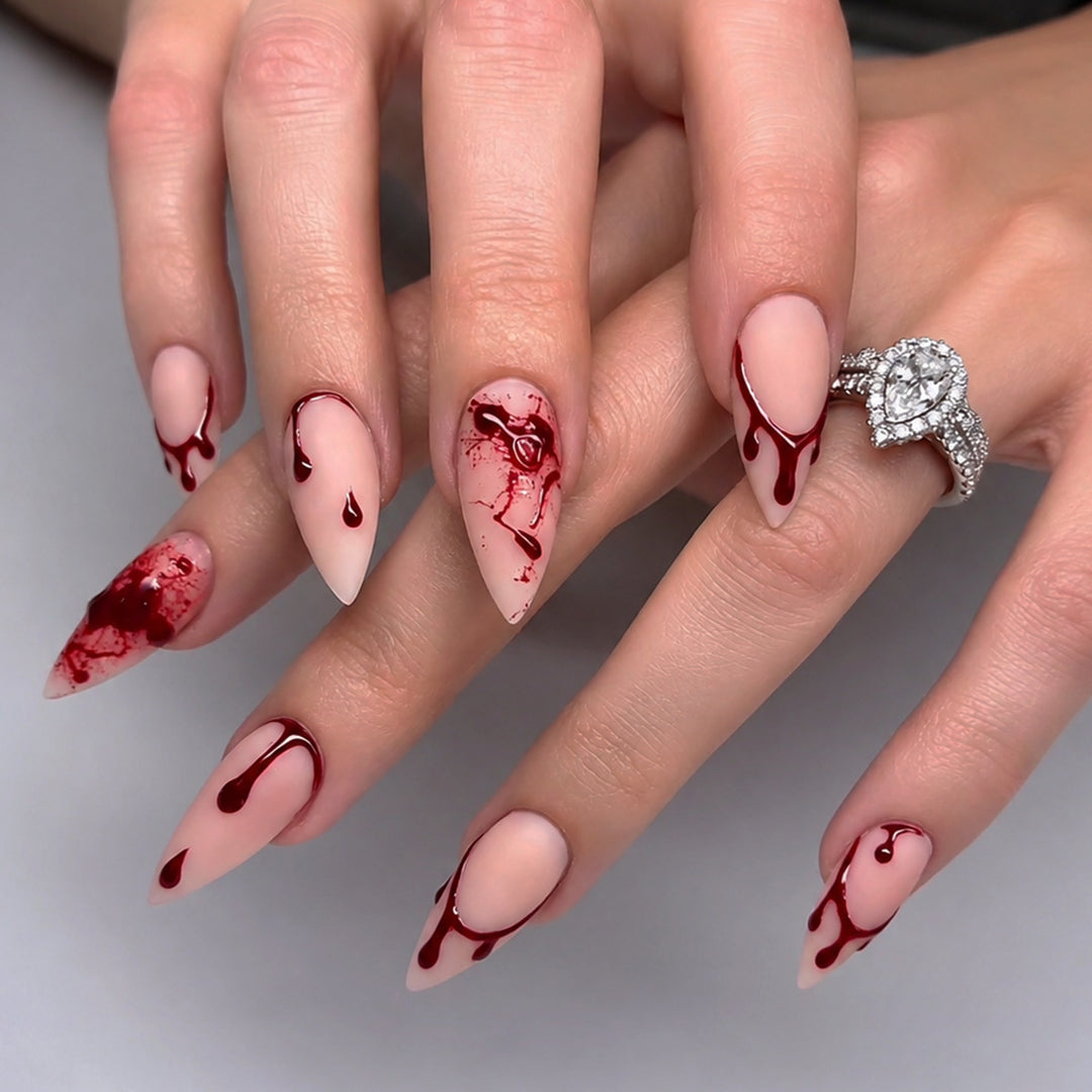 Artistic Press-On Nail Set with Blood Drip and Marble Design Stornfield