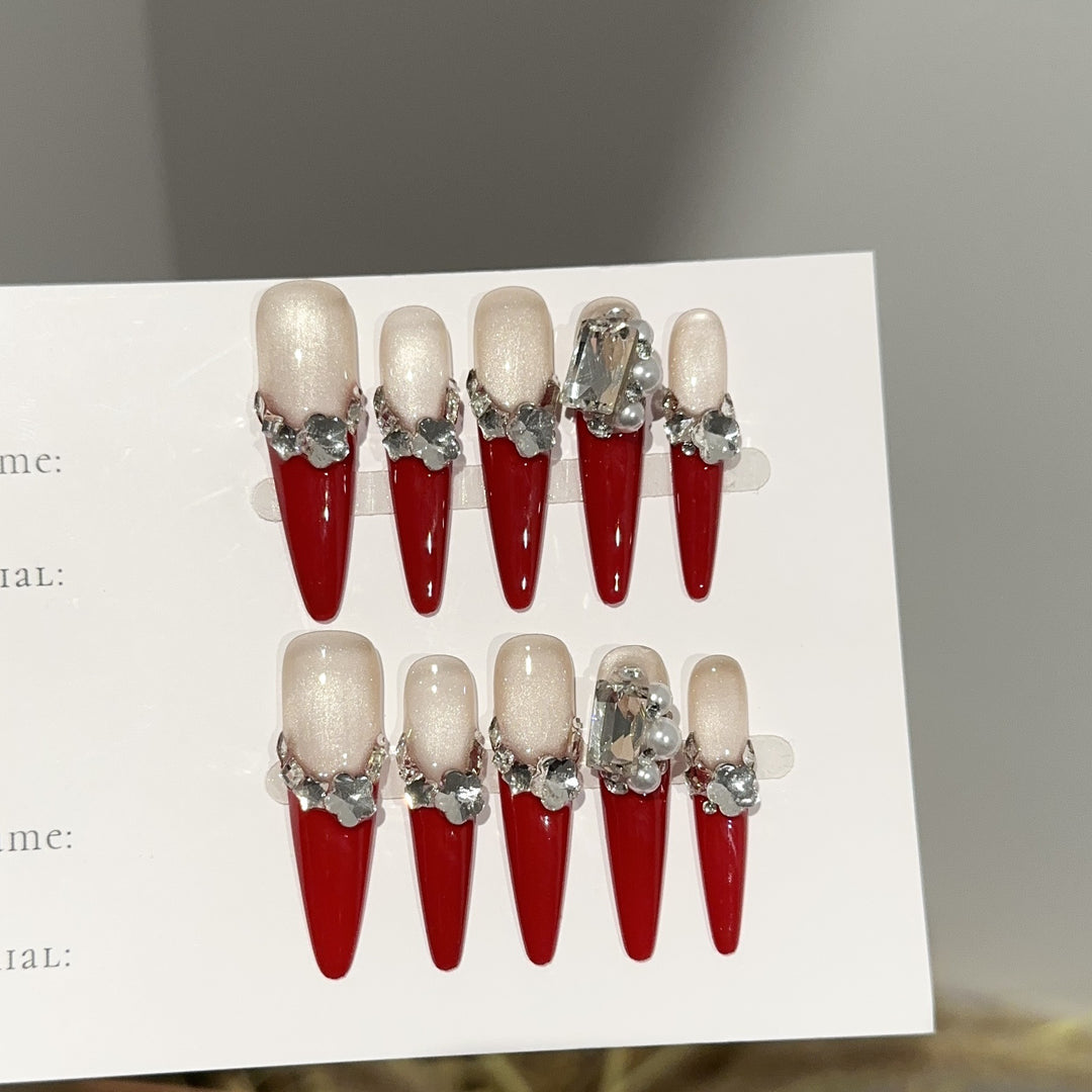 Decorative Stiletto Press-On Nail Set with Crystal Accents