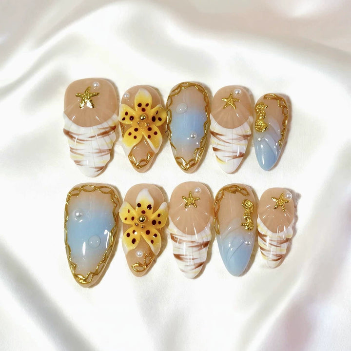 Decorative Press-On Nail Art Set with Ocean-Inspired Themes