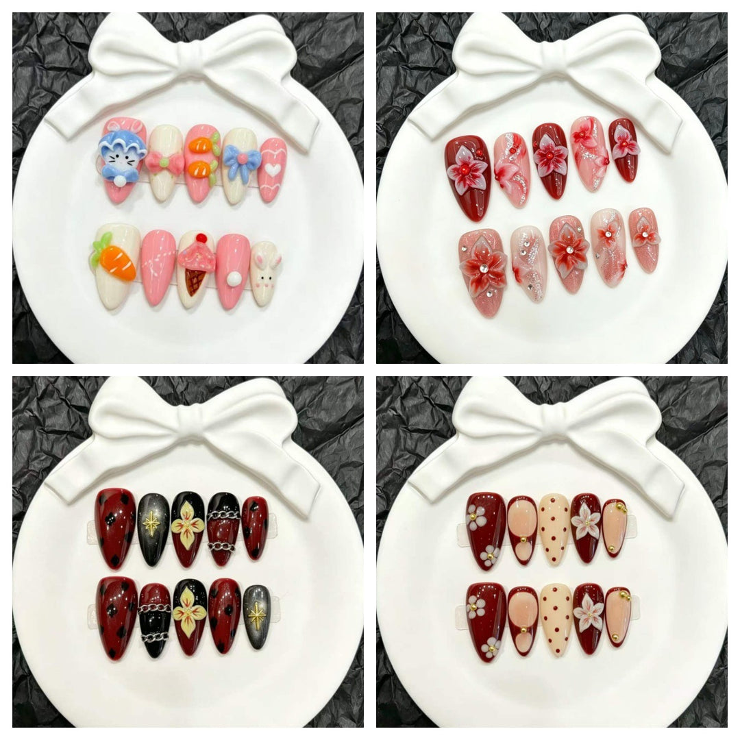 Decorative Press-On Nail Art Set with Floral and Whimsical Designs