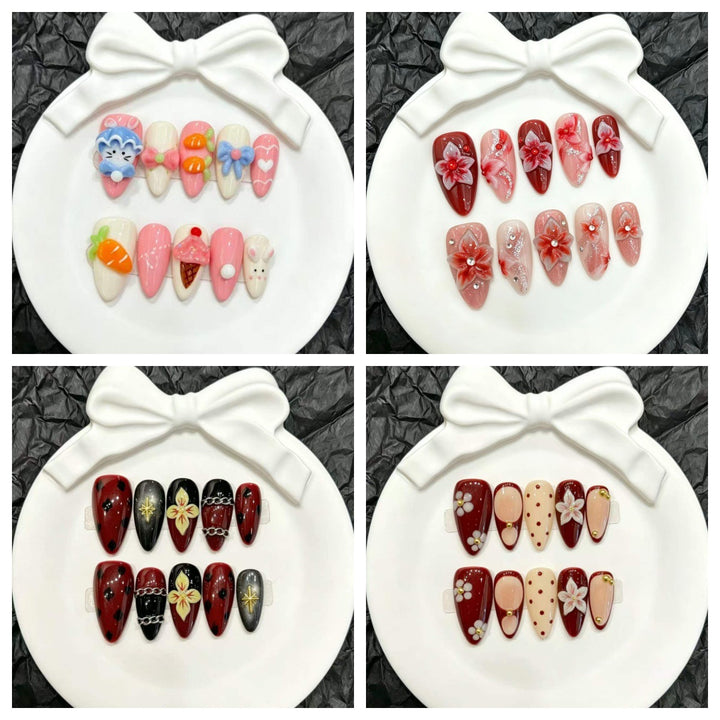 Decorative Press-On Nail Art Set with Floral and Whimsical Designs