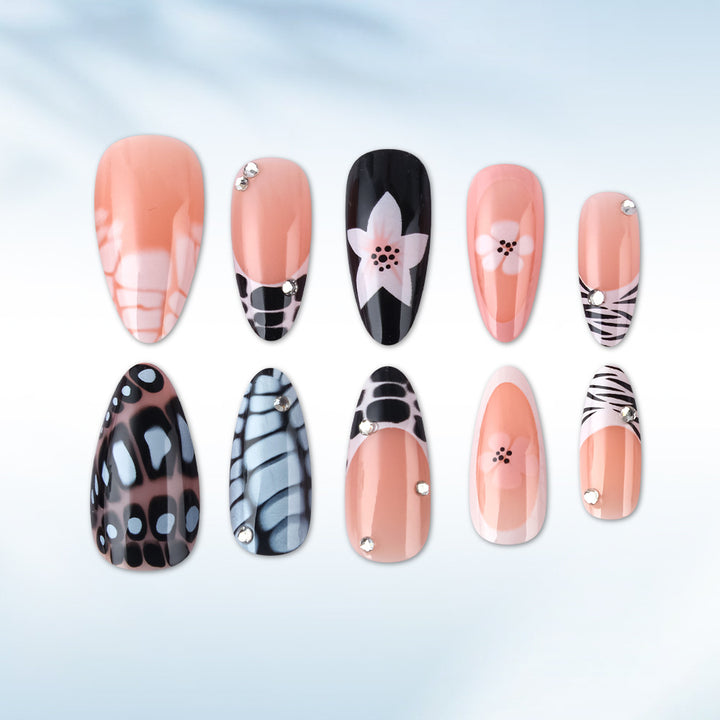 Artistic Press-On Nail Set with Floral and Textured Design Stornfield
