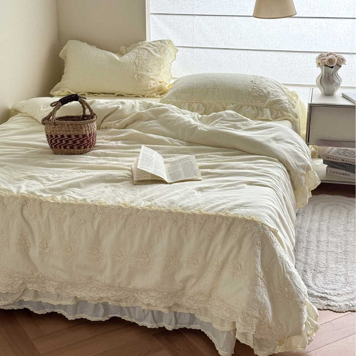 Ruffled Embroidered Cotton Duvet Cover Set with Lace Trim
