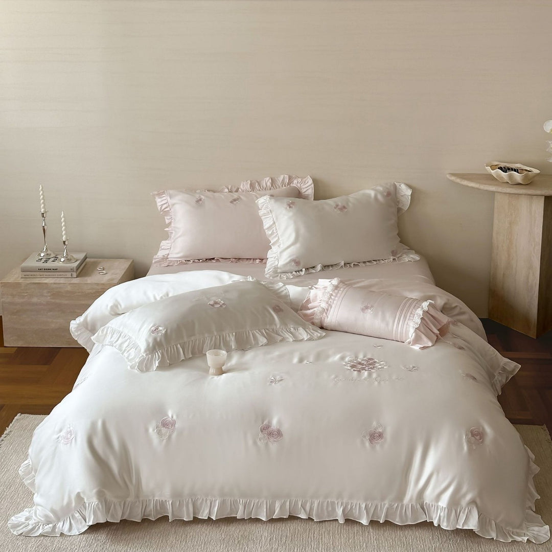 Satin Rose-Embroidered Ruffled Duvet Cover Ensemble with Decorative Bolster and Frilled Pillow Shams