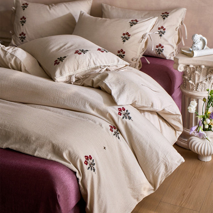Embroidered Pinstripe Cotton-Linen Duvet Cover Set with Tie-Closure Pillow Shams