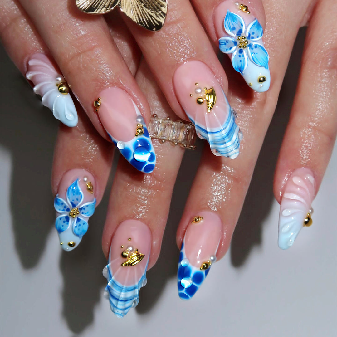 Artistic Floral and Ocean-Inspired Press-On Nails Stornfield