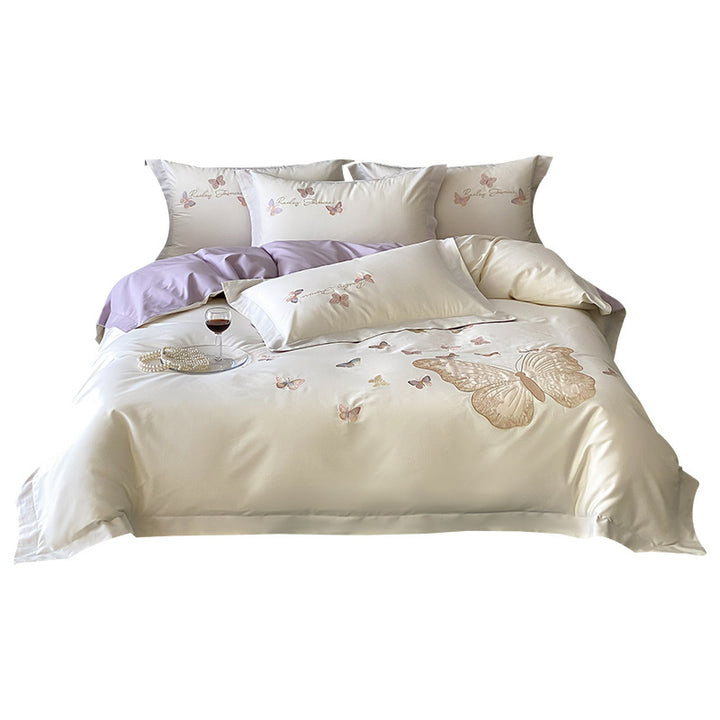 Embroidered Satin Butterfly Duvet Cover Set with Reversible Lilac Sateen and Pillow Shams
