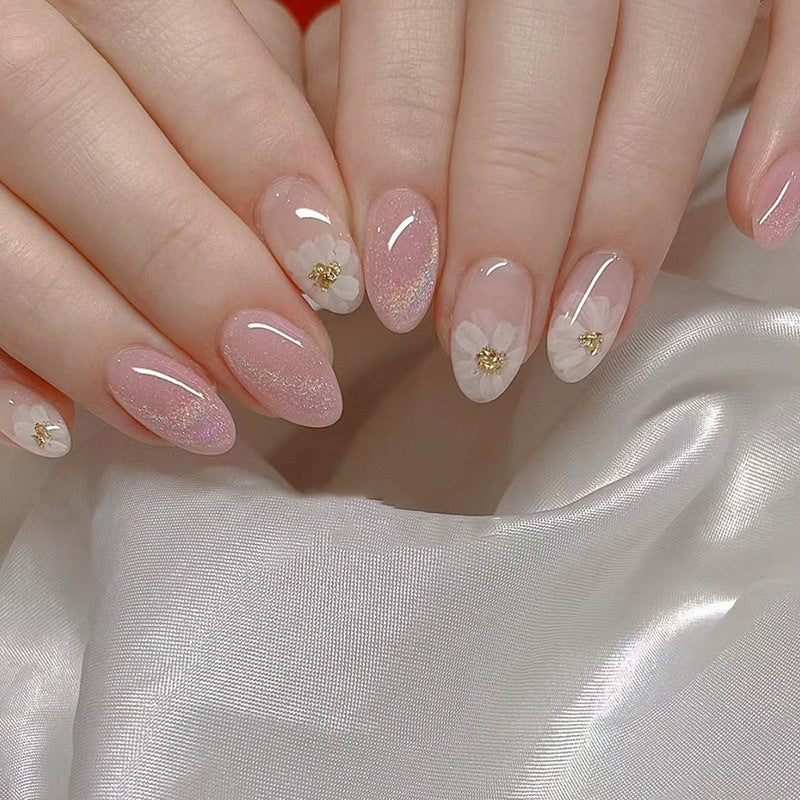Artistic Floral Press-On Nails Set with Sparkling Accents Stornfield