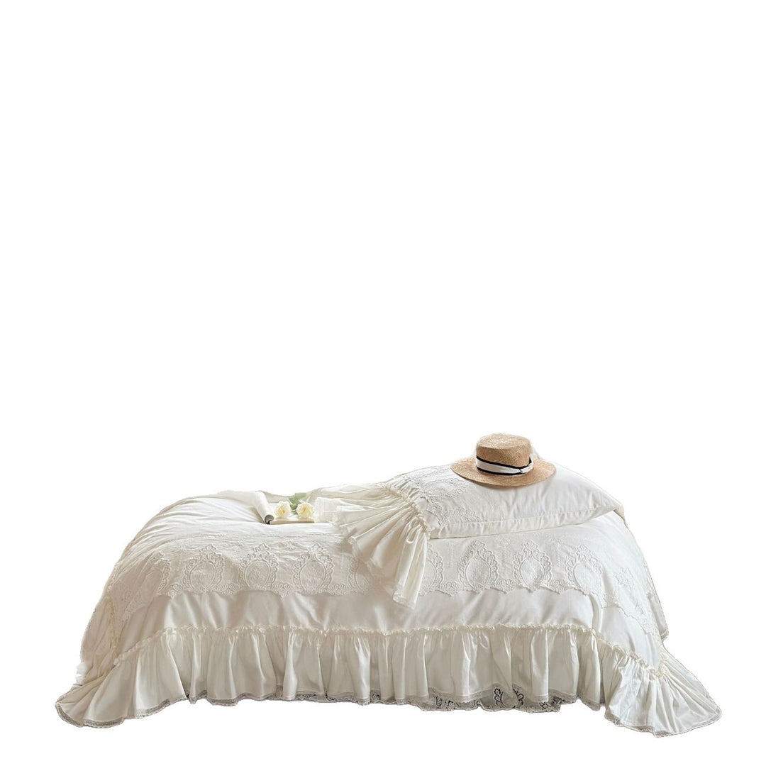 Romantic bedding set with lace embroidery, ruffle and gathered bedskirt