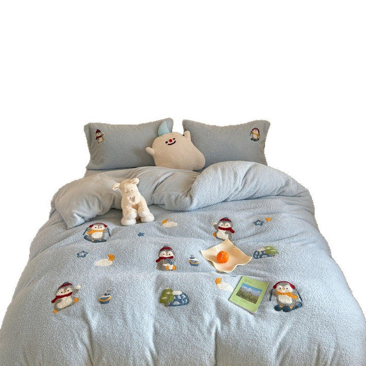 Plush Sherpa Embroidered Penguin Reversible Comforter Set with Pillow Shams and Decorative Cushion