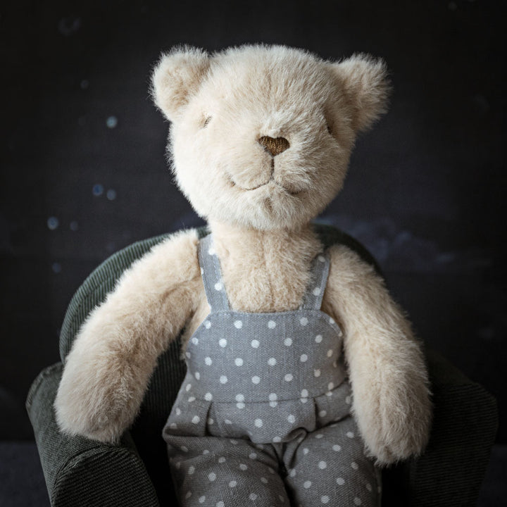 Handcrafted Luxury Plush Teddy Bear with Polka Dot Linen Dress