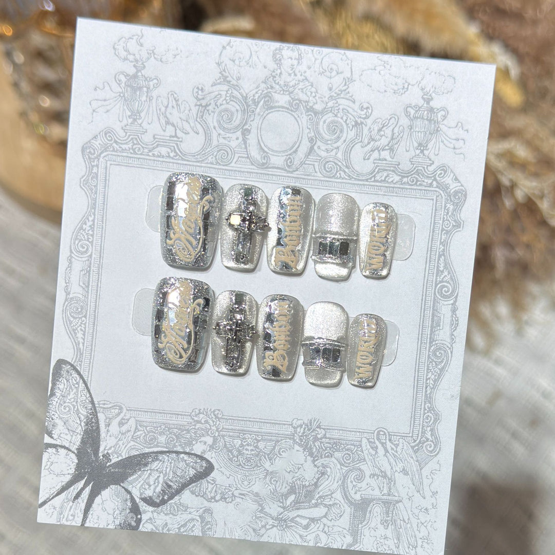 Metallic Press-On Nail Set with Decorative Silver Accents Stornfield