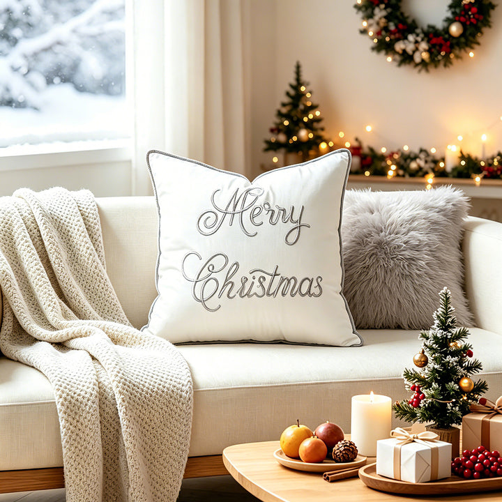 Embroidered Holiday Square Throw Pillow Cover with Piped Edge and Removable Insert