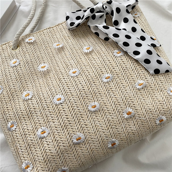 Straw Beach Tote Bag with Decorative Scarf