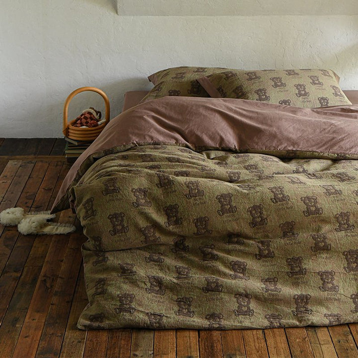 Teddy-Motif Washed Cotton Percale Duvet Cover Ensemble