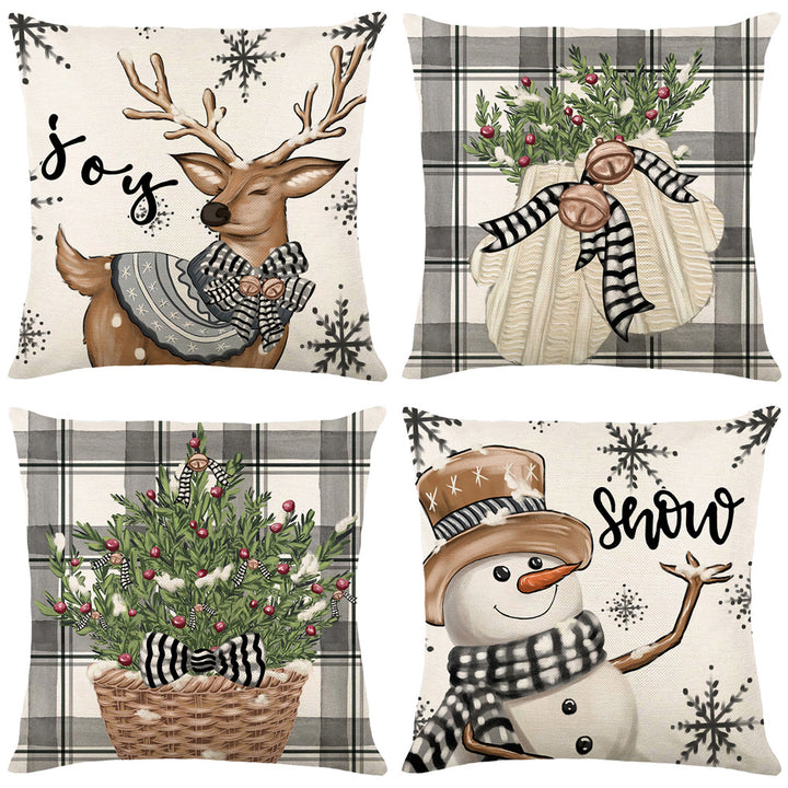 Decorative Plaid Basket Holiday Throw Pillow Cover with Botanical Cedar Sprigs and Striped Bow Accent