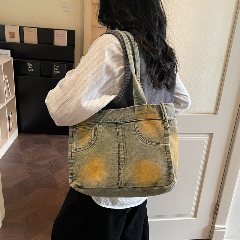 Denim-Inspired Multi-Pocket Tote Bag