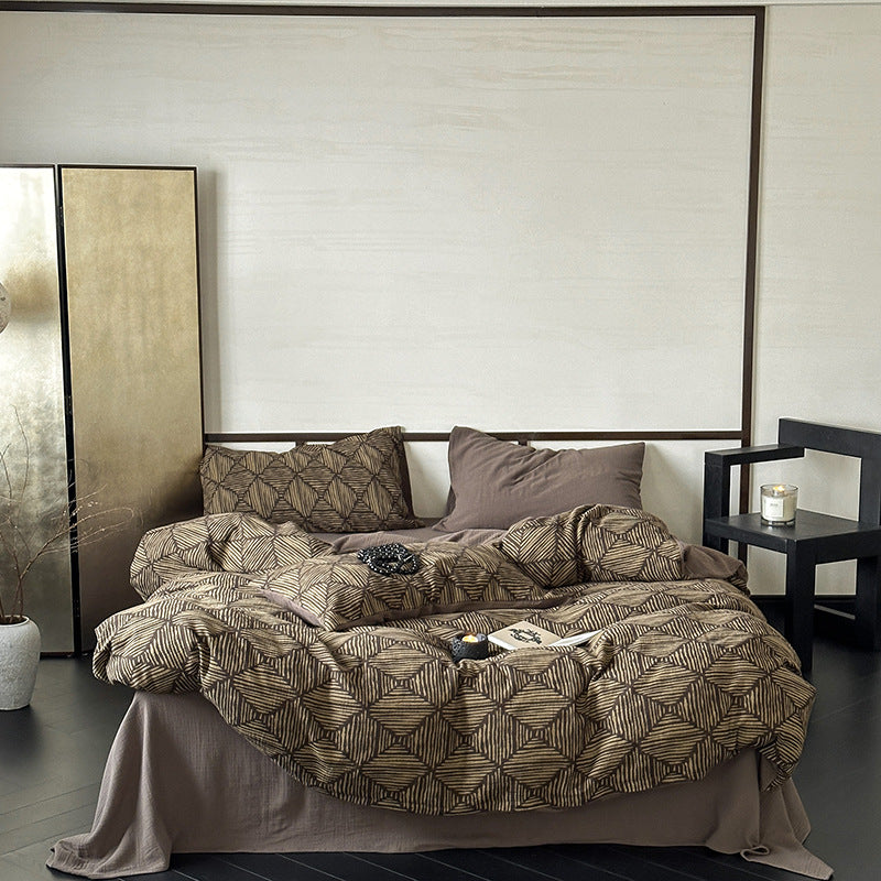 Quilted Reversible Cotton Bed Linen Set with Geometric Block Print