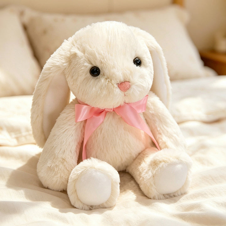 Plush Floral-Lined Ear Bunny Stuffed Toy with Embroidered Face and Curly Faux Fur Stornfield