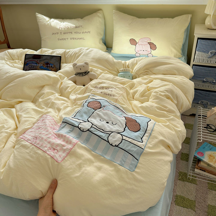 Plush Quilted Cartoon Puppy Duvet Comforter Set