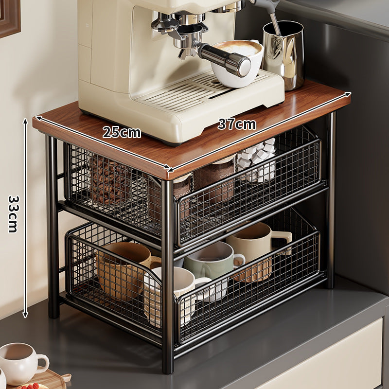 Compact Two-Basket Metal Mesh Countertop Organizer with Natural Wood Top