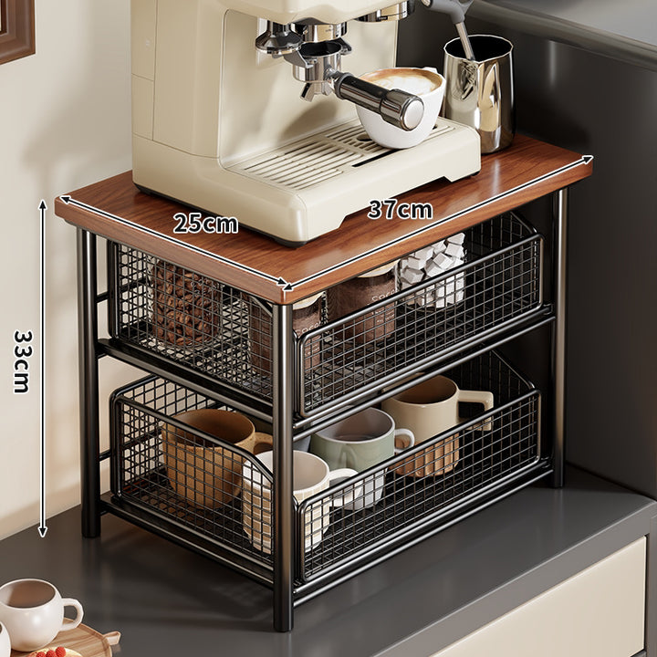 Compact Two-Basket Metal Mesh Countertop Organizer with Natural Wood Top