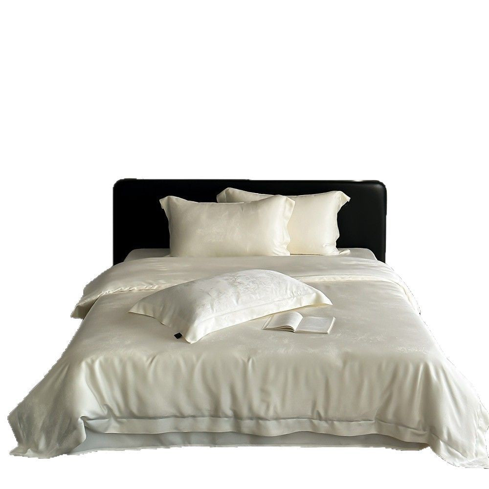 Elegant satin bedding set with subtle jacquard floral relief and silky shine