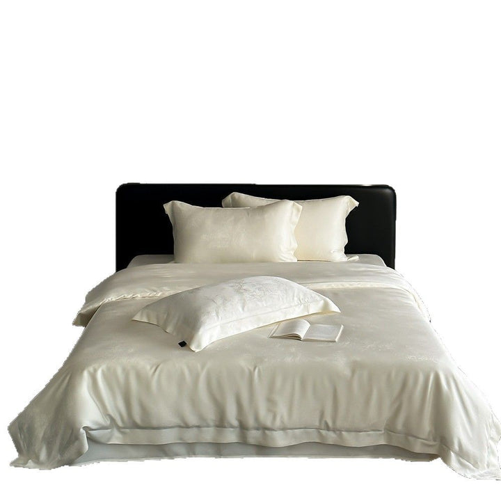 Elegant satin bedding set with subtle jacquard floral relief and silky shine