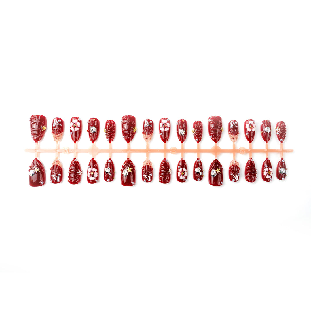 Artistic Press-On Nail Art Set with Floral and Shell Designs Stornfield