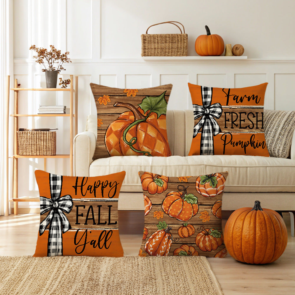 Decorative Autumn Pumpkin Print Square Throw Pillow Cover with Hidden Zipper and Linen-Texture