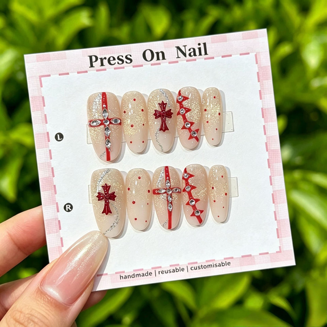 Decorative Press-On Nail Set with Gem Accents  1791774365