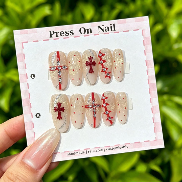 Decorative Press-On Nail Set with Gem Accents  1791774365
