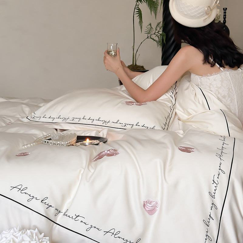 Reversible Silk-Feel Petal-Print Duvet Cover Set with Script-Edge Pillow Shams