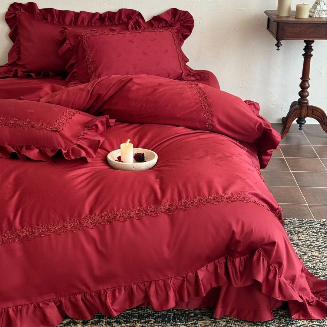 Luxurious bedding set with ruffles and delicate embroidery made of satin cotton