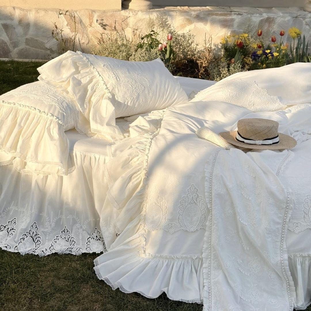 Romantic bedding set with lace embroidery, ruffle and gathered bedskirt