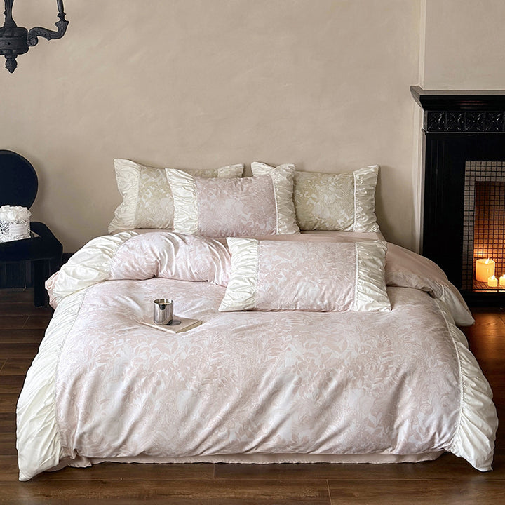 Luxury bedding set made of cotton satin with floral jacquard relief and pleated border