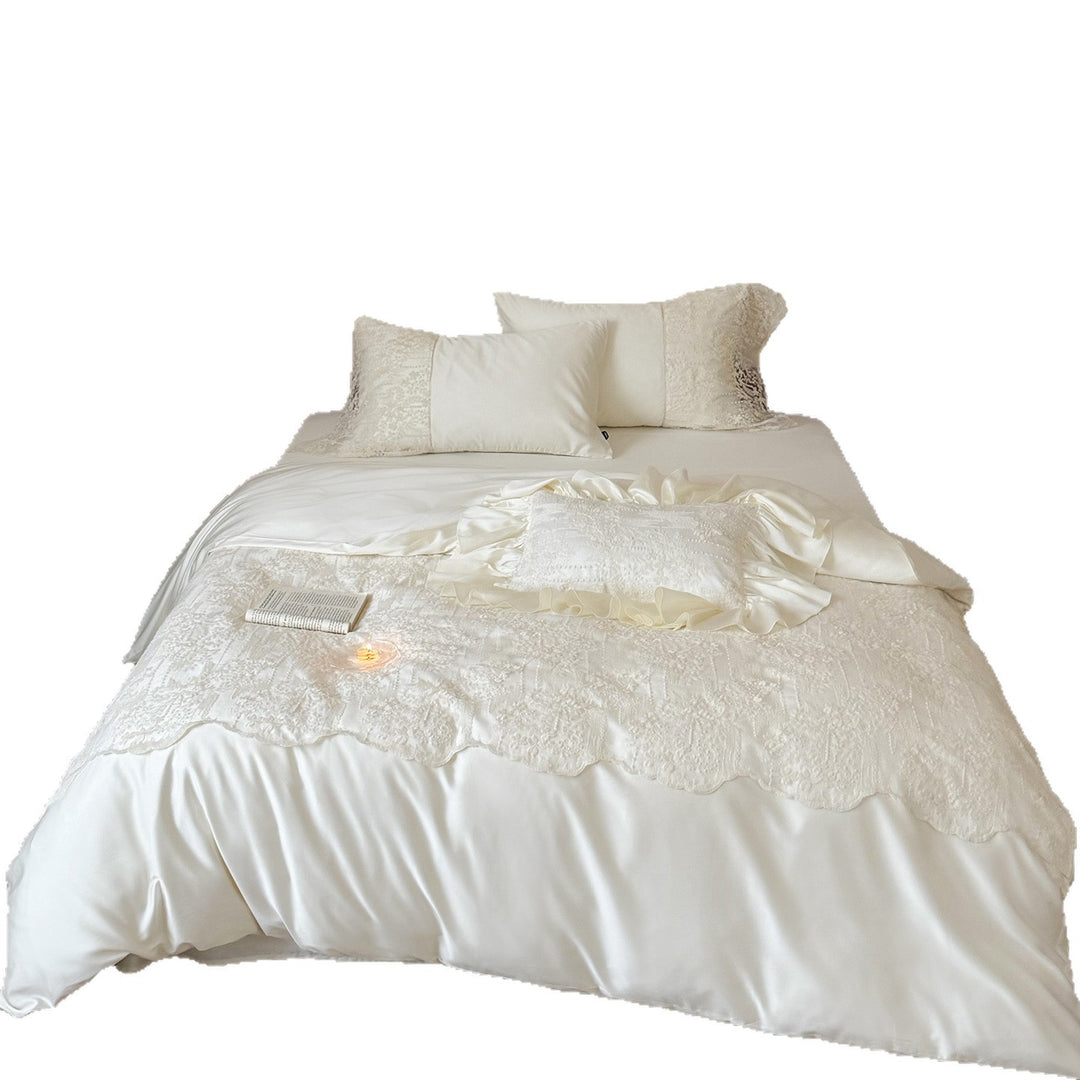 Embroidered Lace Ruffled Satin Duvet Cover Set