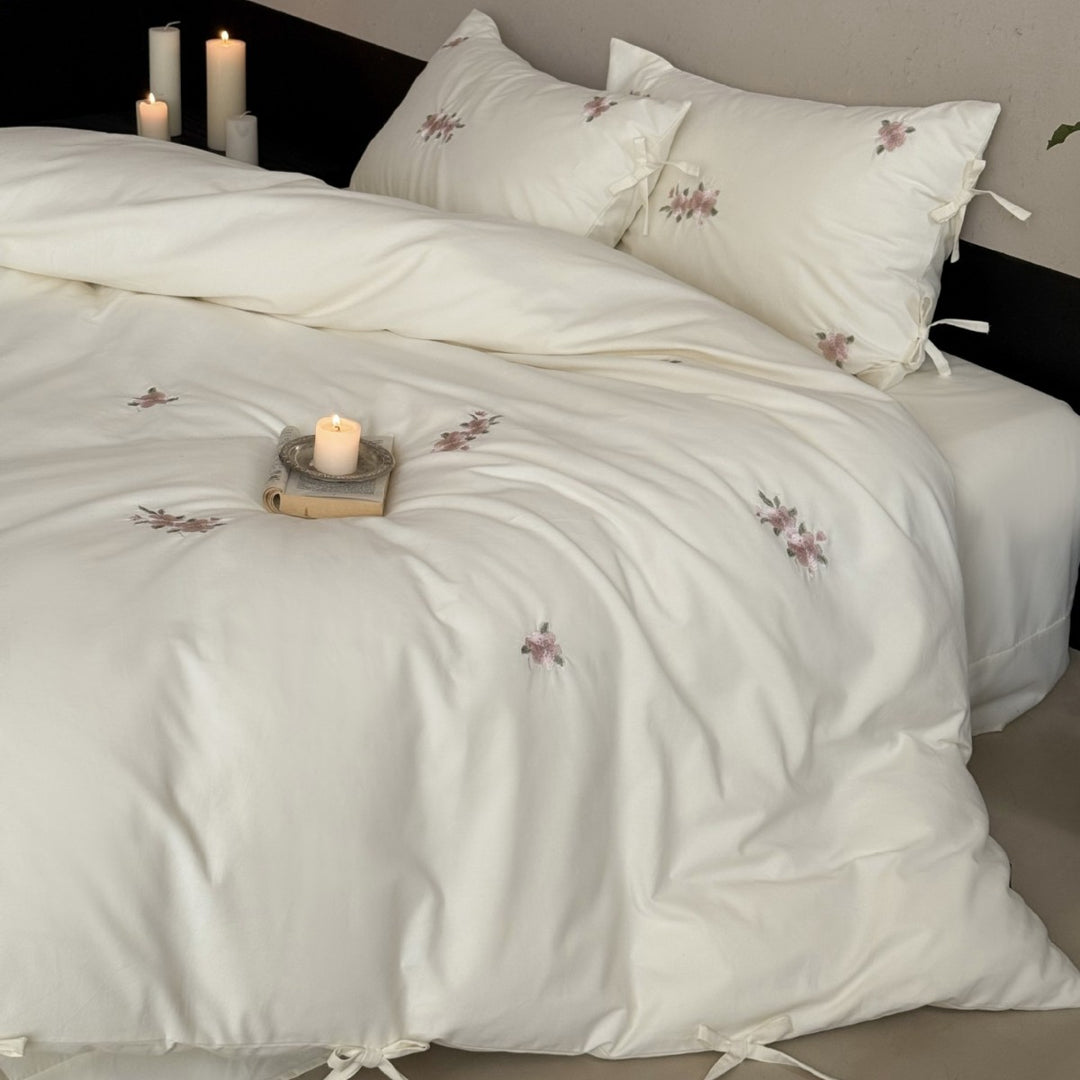 Embroidered Cotton Sateen Duvet Cover Set with Tie Closures and Scattered Floral Motif