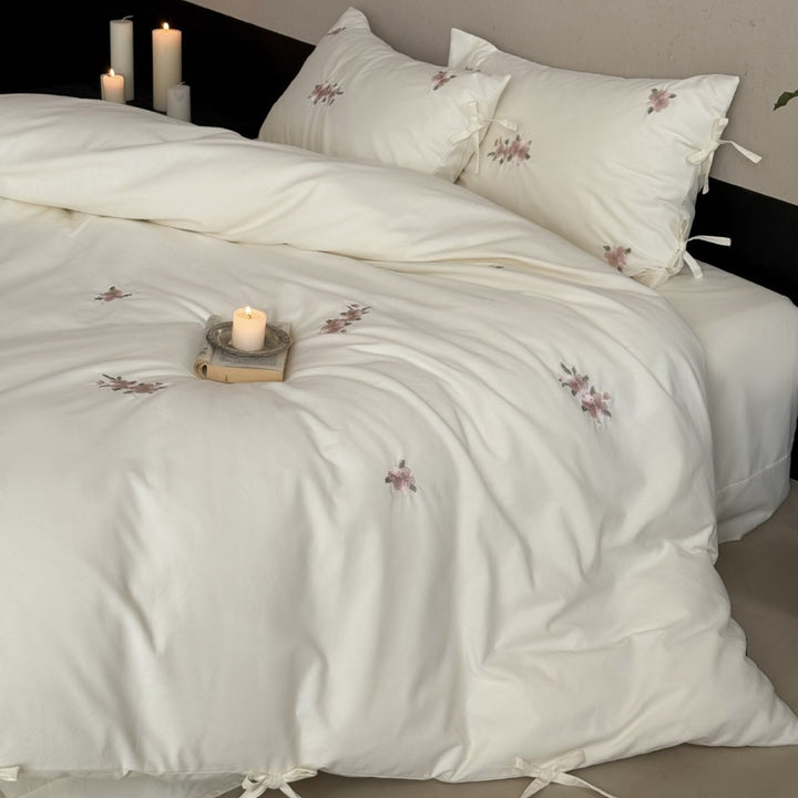 Embroidered Cotton Sateen Duvet Cover Set with Tie Closures and Scattered Floral Motif