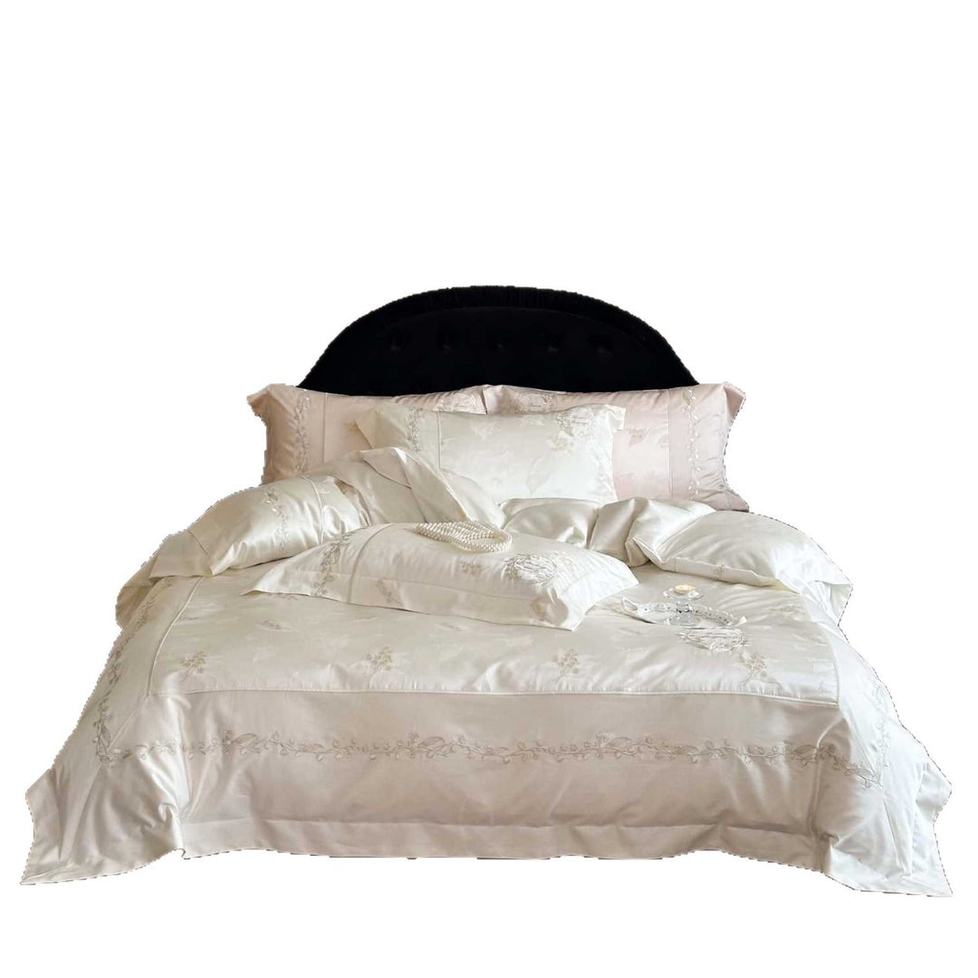 Luxurious cotton satin bedding set with embroidered medallion motif