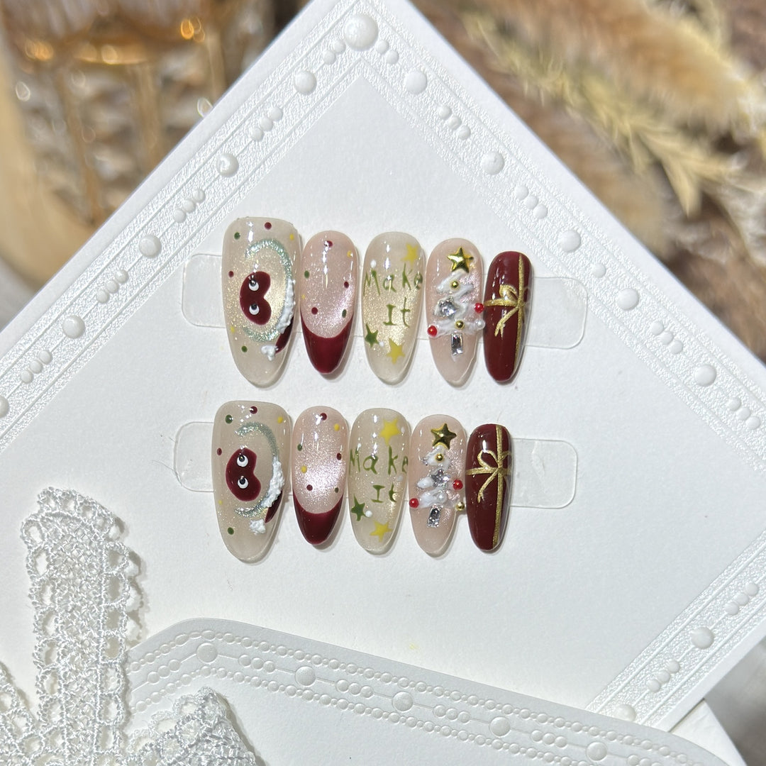 Festive Press-On Nail Art Set with Holiday Designs Stornfield