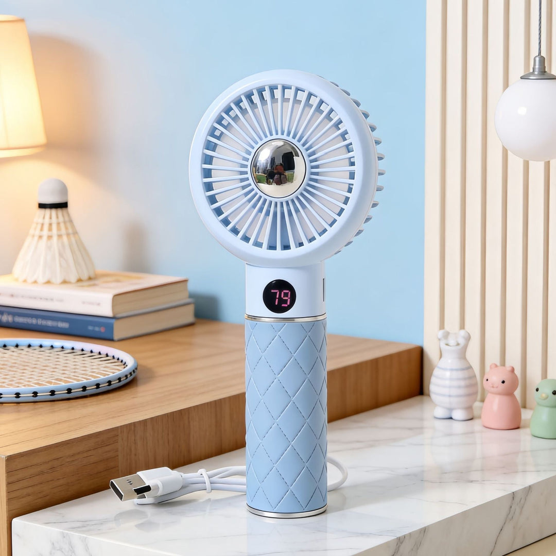 Ladies Portable Mini Hand Fan with Digital Temperature Display and Cute Bear Design Stornfield