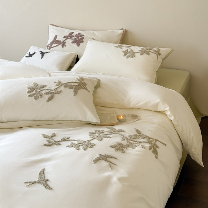 Embroidered Botanical Duvet Cover Set with Appliqué Pillow Shams